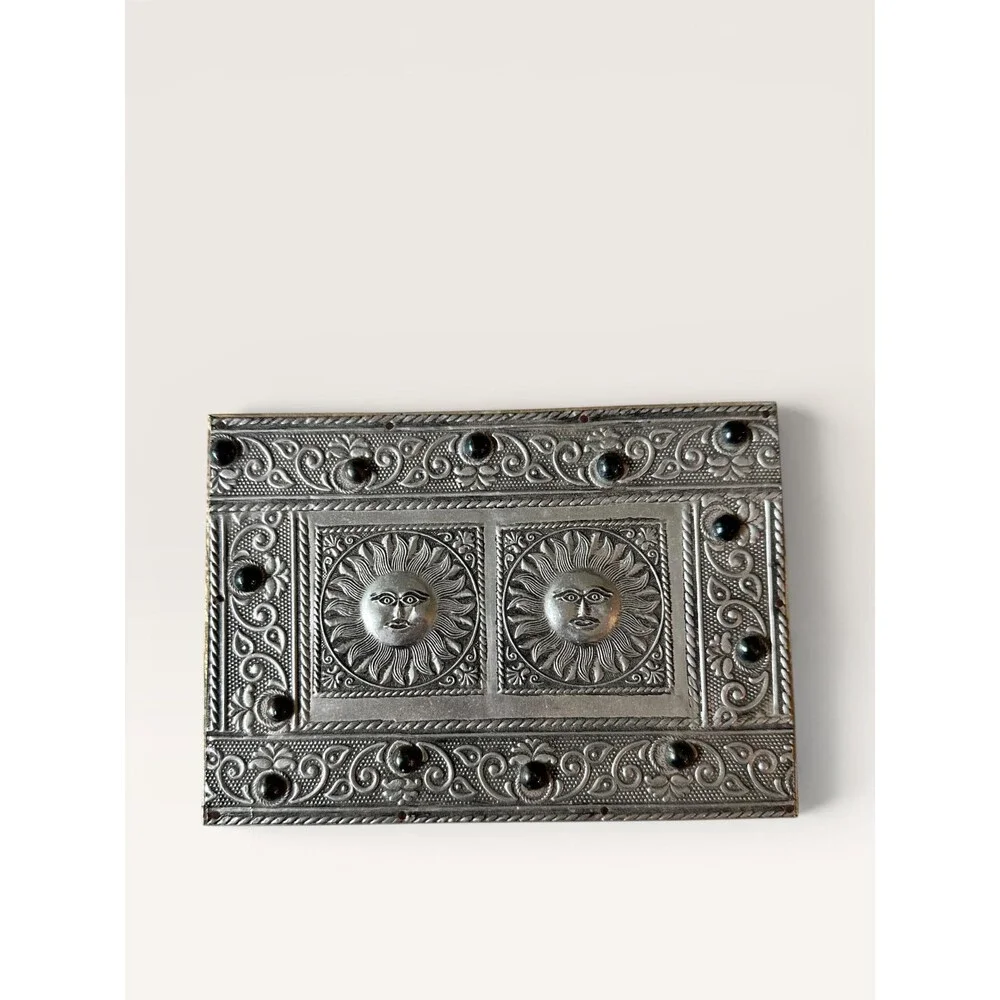 Vintage Silver Tone Celestial Jewelry Box Sun Face &  Elephant Metal Trinket Box